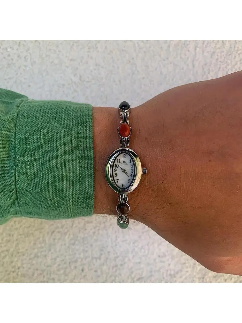 Boho Indoe style silver tone quartz watch with glass multi color jade stone